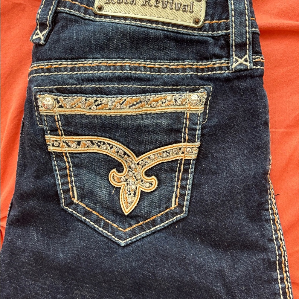 Rock Revival Dark Blue Jeans with Gold Embellishments